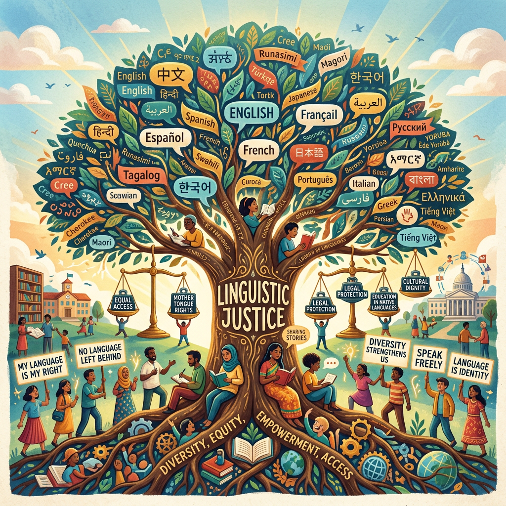 Tree labeled Linguistic Justice with diverse languages and people advocating language rights